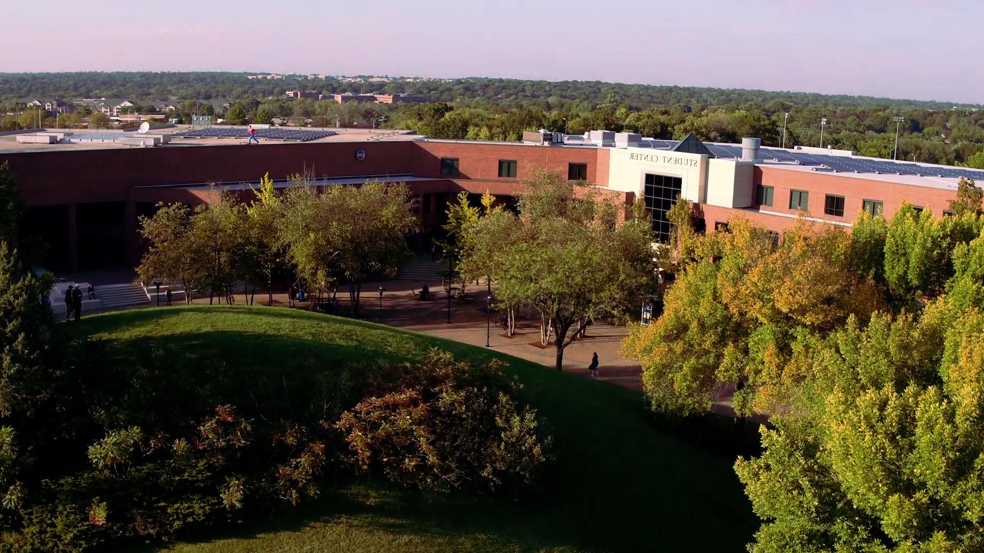 Drone aerial shot of the campus featuring the Student Center